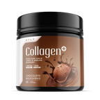 Collagen supplement container with chocolate milkshake flavor on a white background