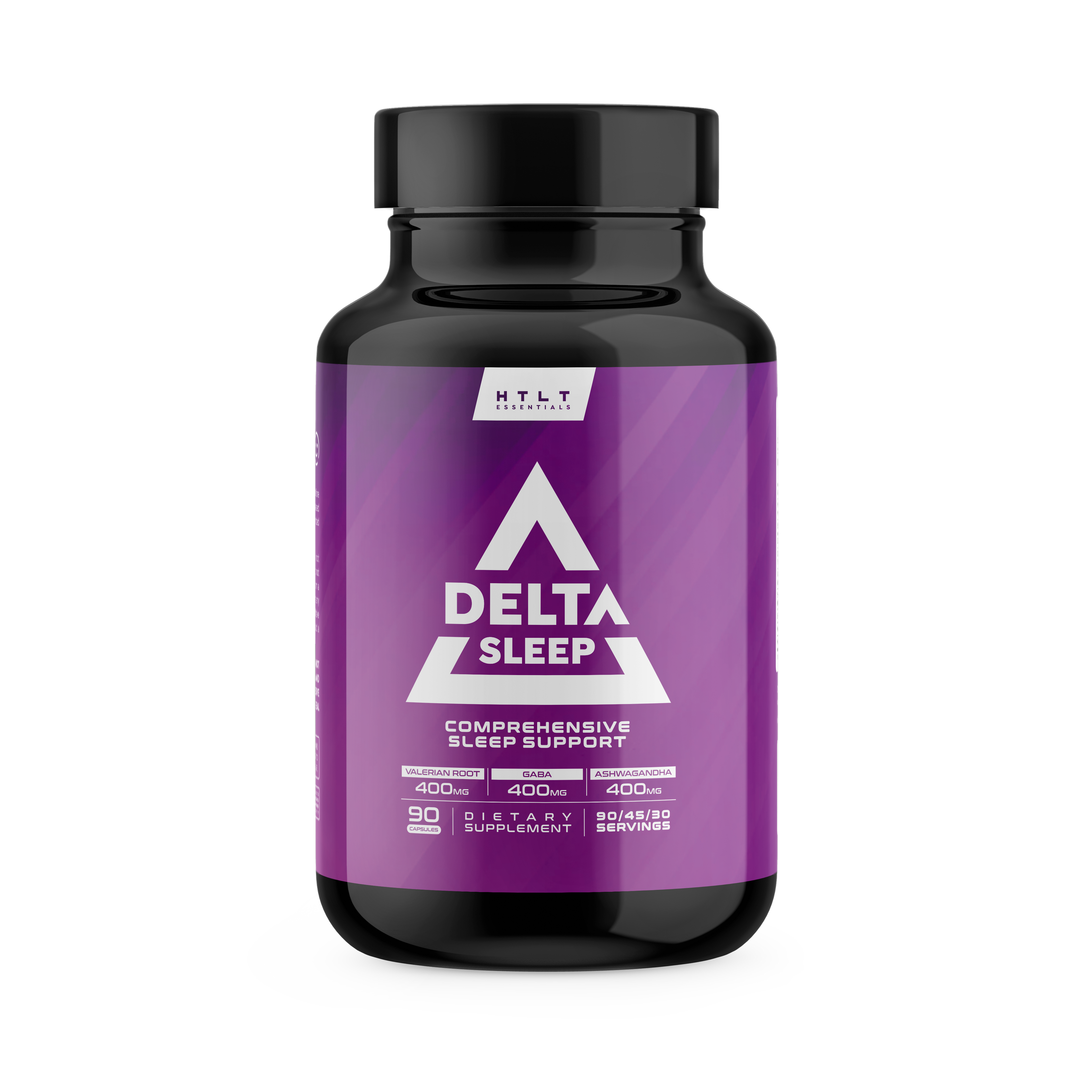 Purple supplement bottle labeled 'Delta Sleep' on a white background
