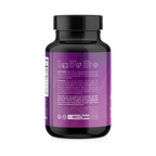 Purple supplement bottle with black cap on a white background
