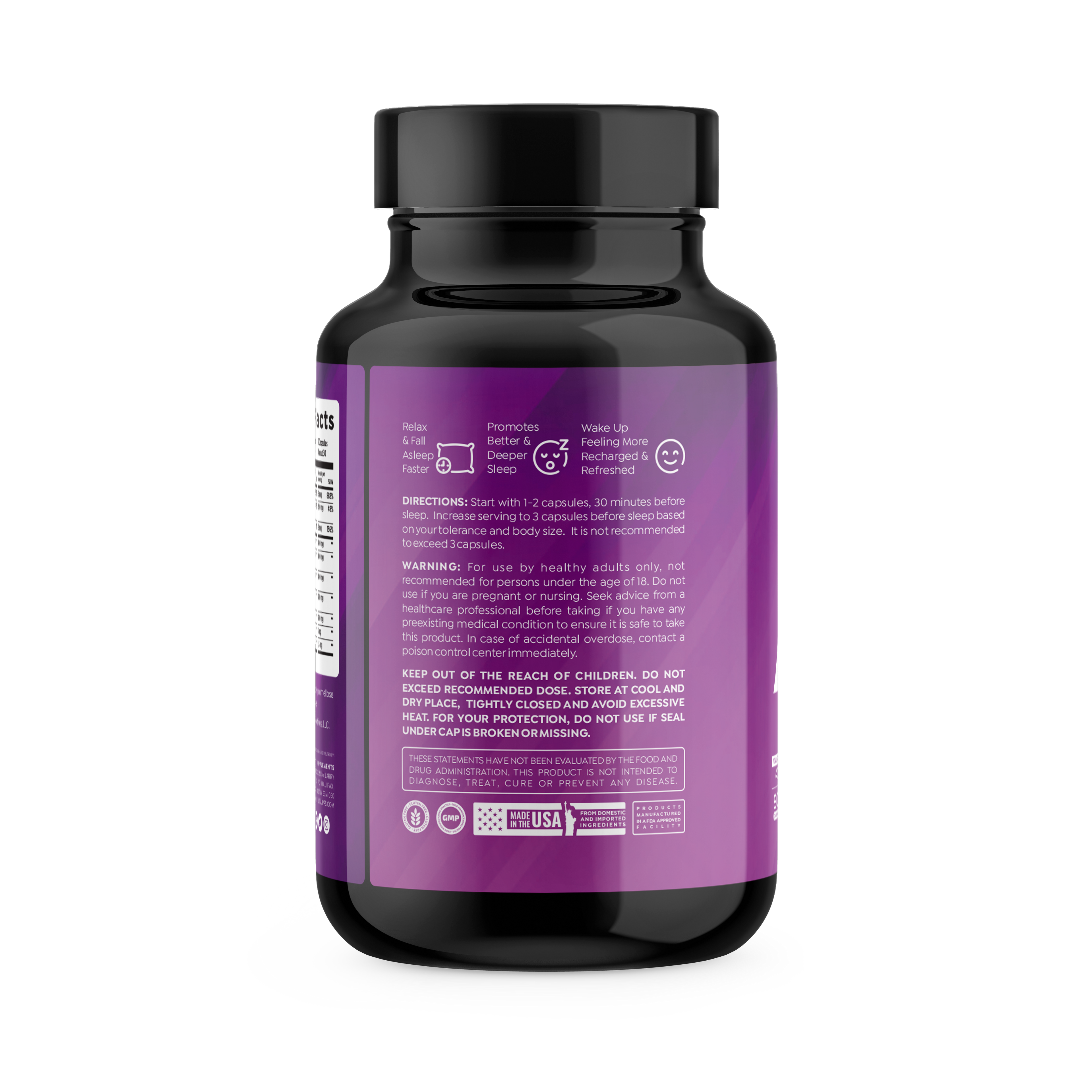 Purple supplement bottle with black cap on a white background