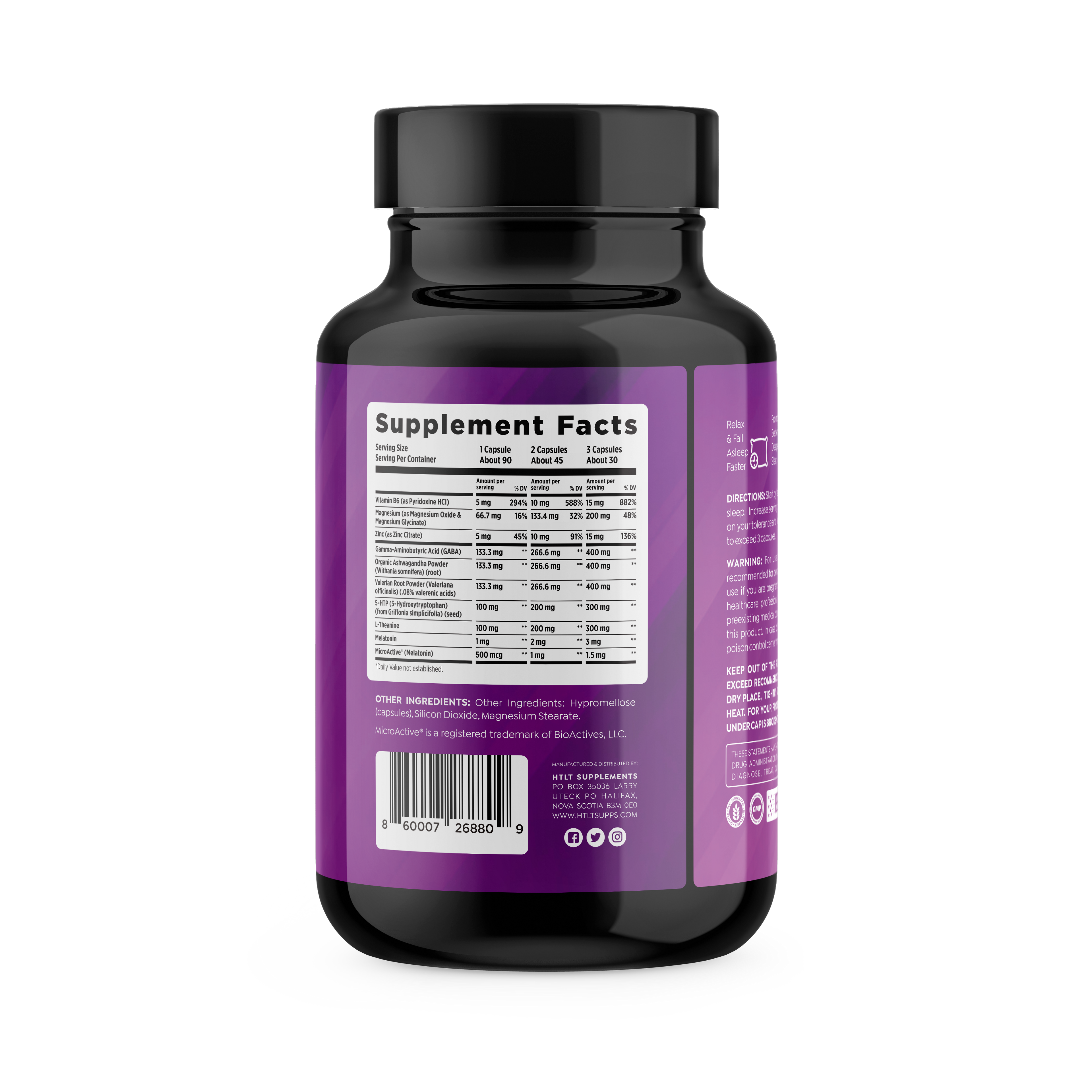 Supplement bottle with purple label on a white background