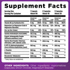 Supplement facts label with various nutrients and their amounts per serving on a purple background.