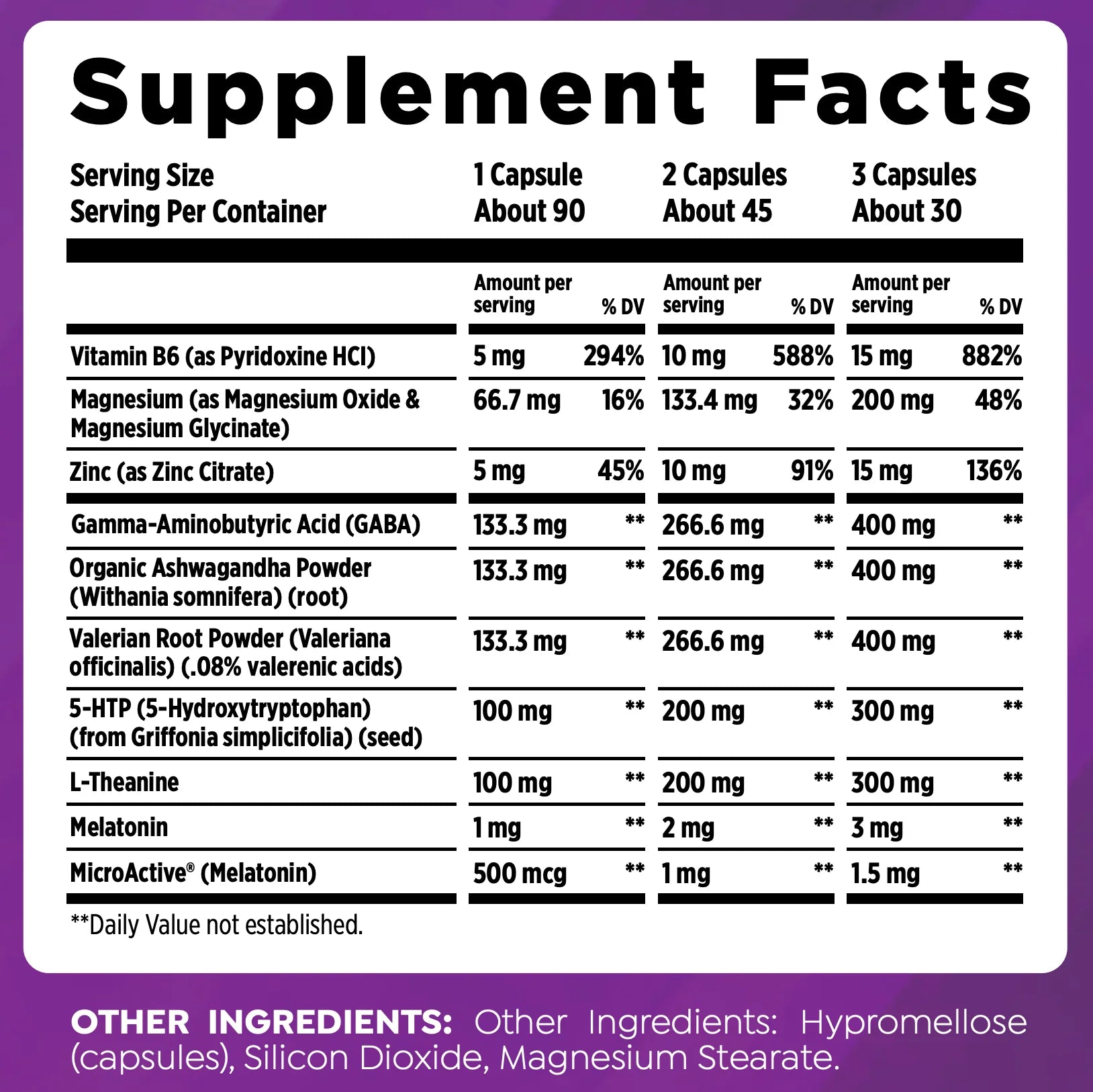 Supplement facts label with various nutrients and their amounts per serving on a purple background.
