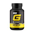 Supplement bottle labeled 'G Shred' with black and yellow design on a white background