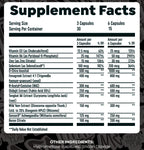 Supplement facts label with detailed nutritional information on a black background