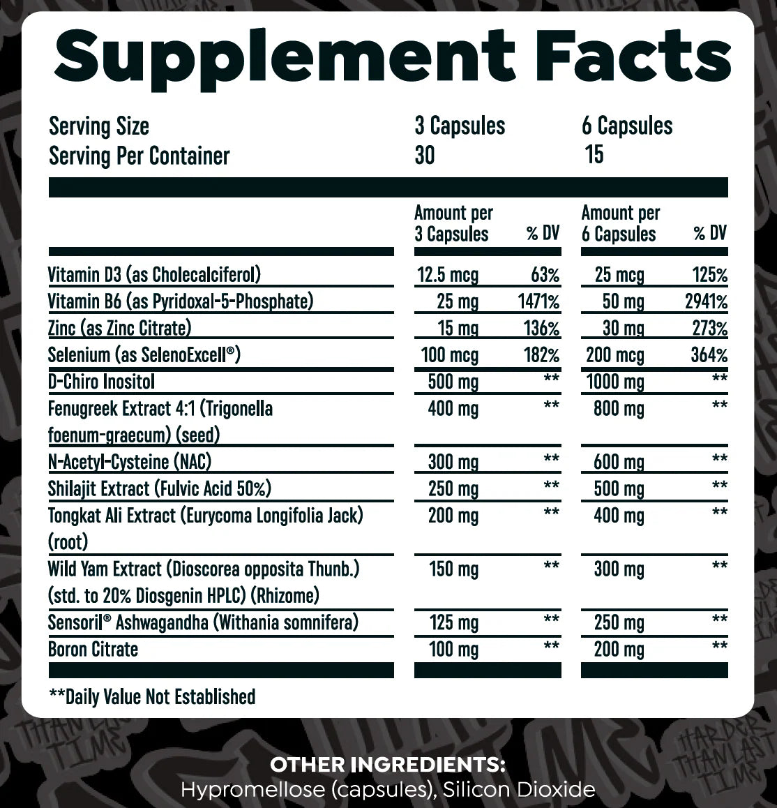 Supplement facts label with detailed nutritional information on a black background