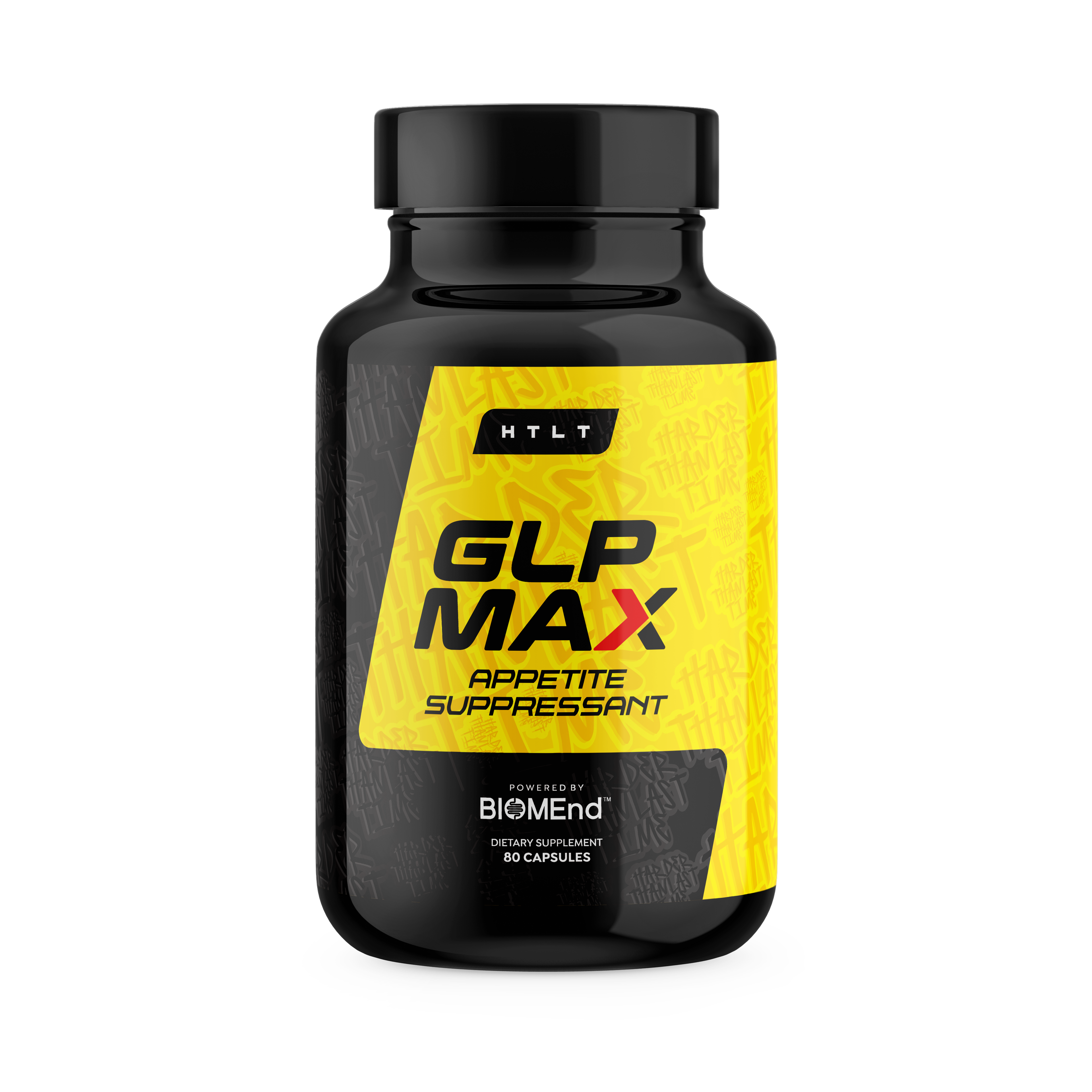 Supplement bottle labeled 'GLP MAX Appetite Suppressant' with yellow and black design on a white background