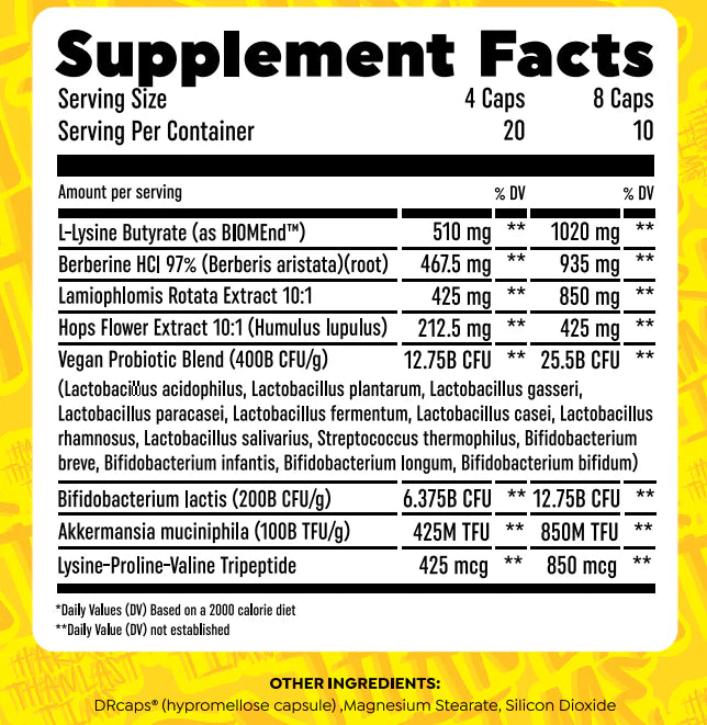 Supplement facts label with detailed nutritional information on a yellow background