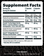 Supplement facts label with detailed nutritional information on a black background