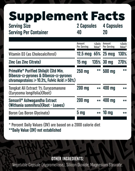 Supplement facts label with detailed nutritional information on a black background