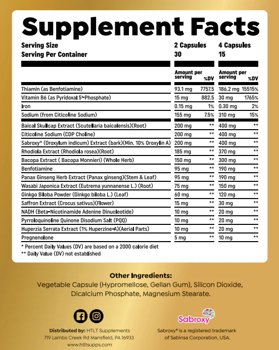 Supplement facts label with detailed ingredient list on a white background