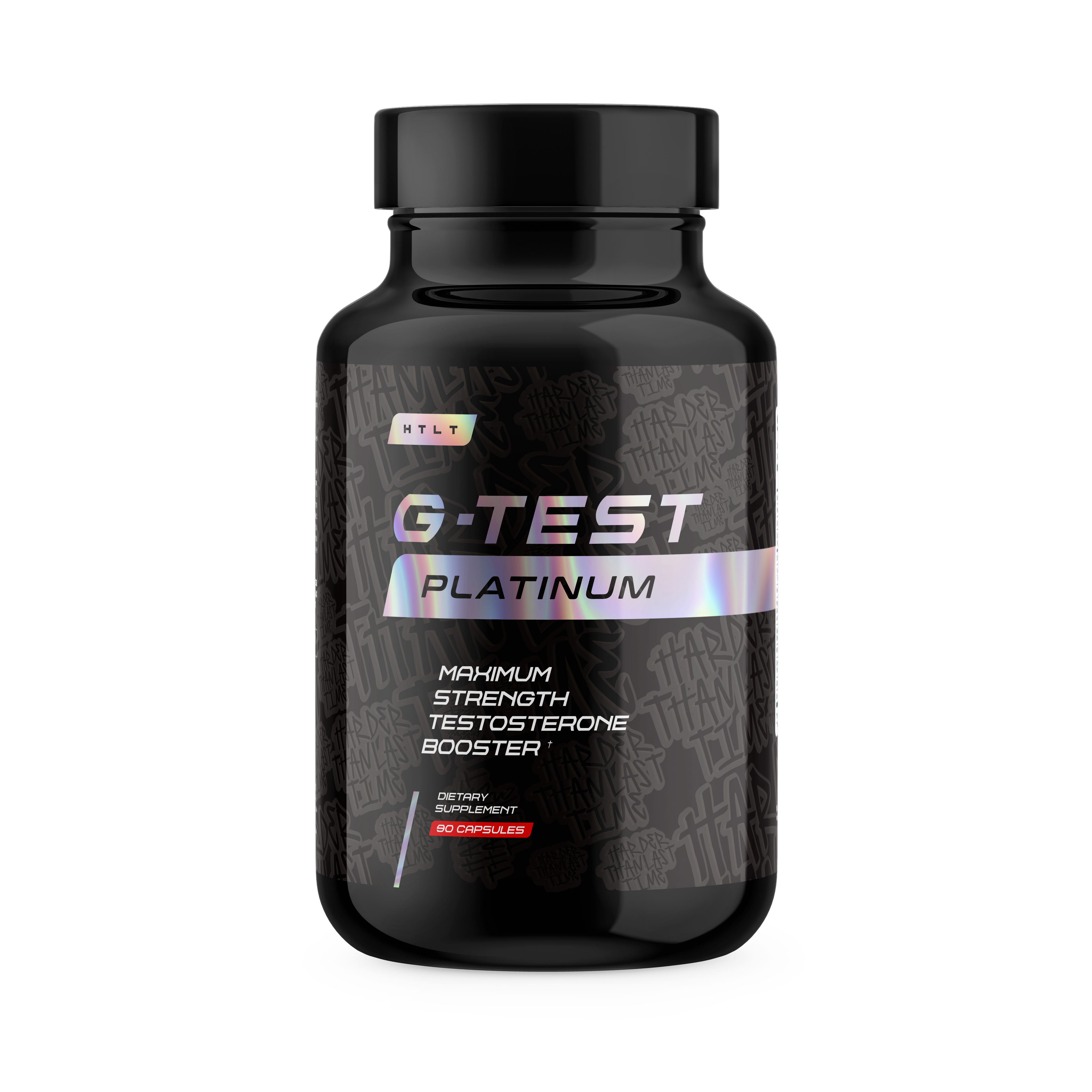 Black supplement bottle labeled 'G-Test Platinum' on a white background