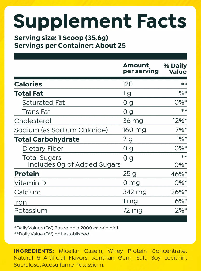 Supplement facts label with nutritional information on a yellow background