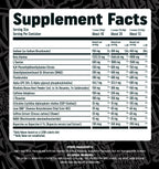 Supplement facts label with detailed nutritional information on a black background