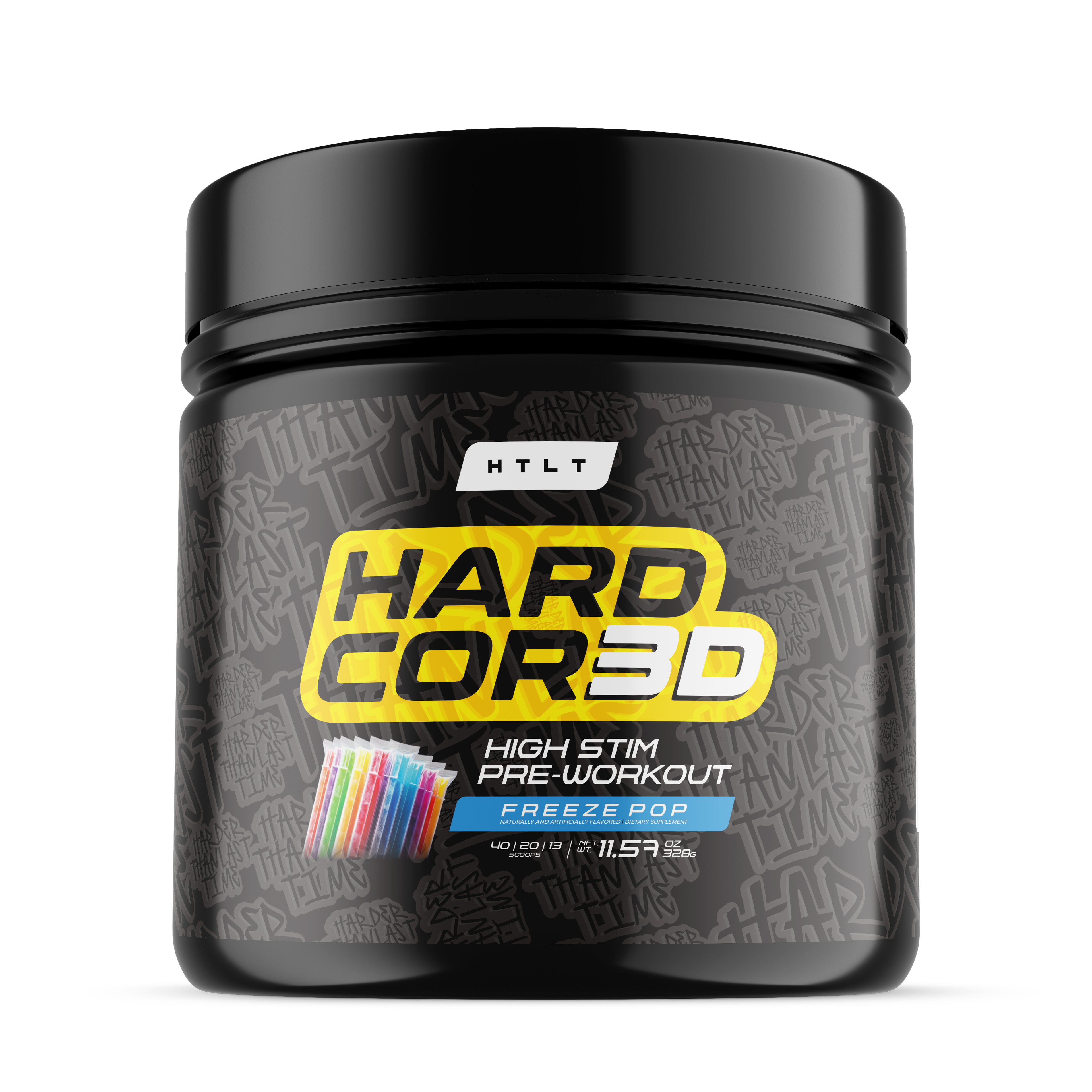 Black pre-workout supplement container with 'HTLT Hard Core 3D' branding on a white background