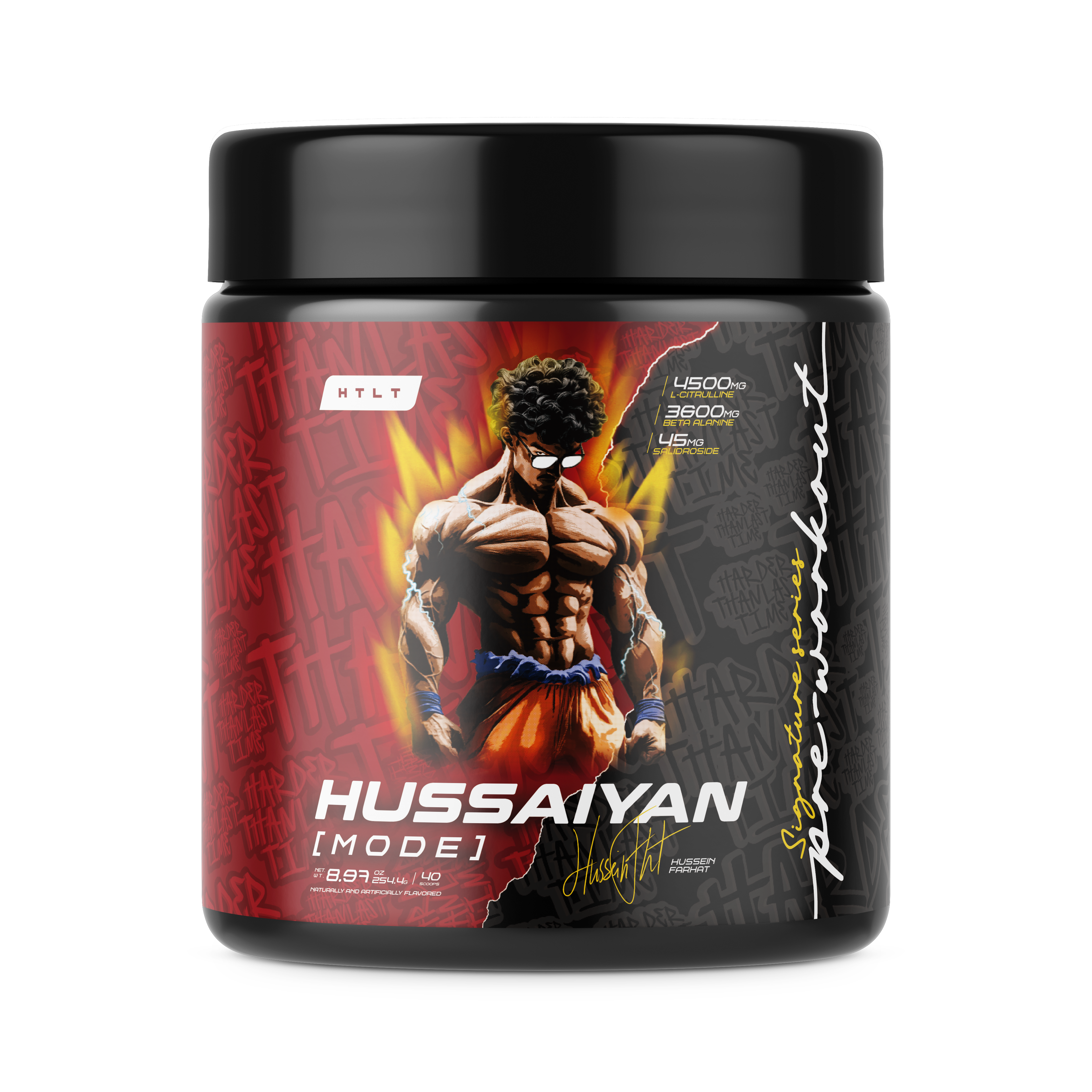 Supplement container with a muscular figure on the label against a white background