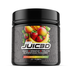 Superfood powder container with fruit illustration on a white background