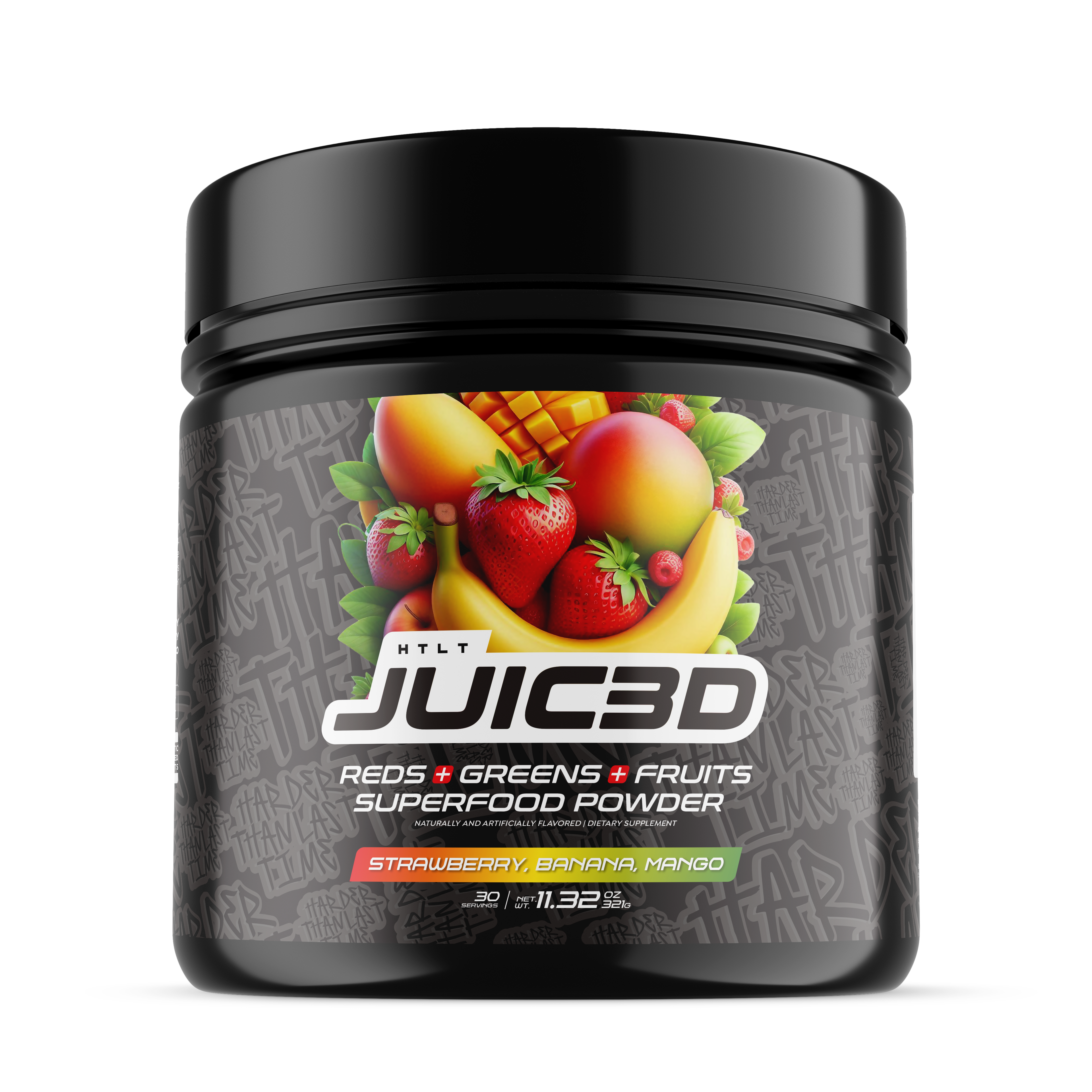 Superfood powder container with fruit illustration on a white background