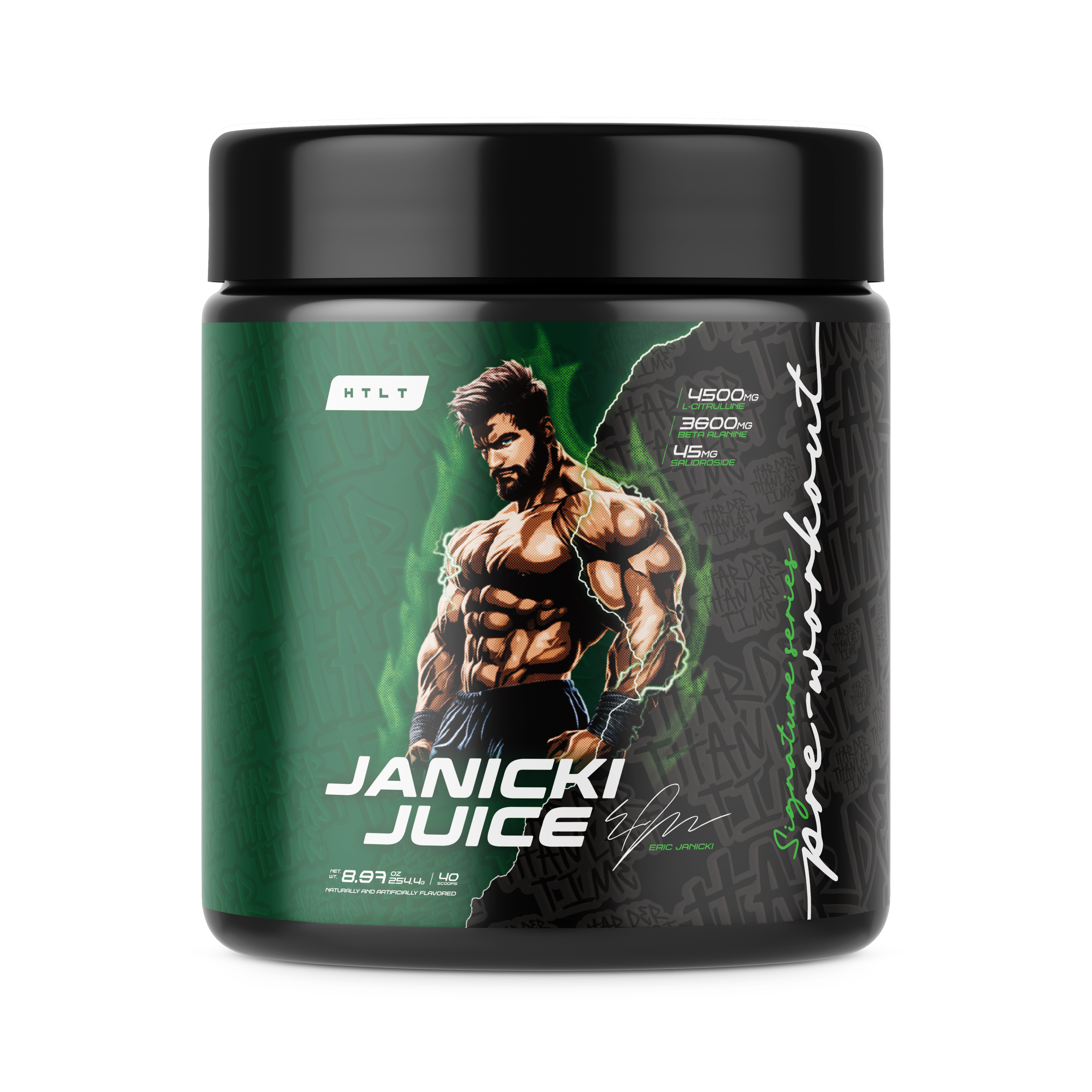 Supplement container with a muscular figure on the label, featuring the brand 'Janicki Juice'.