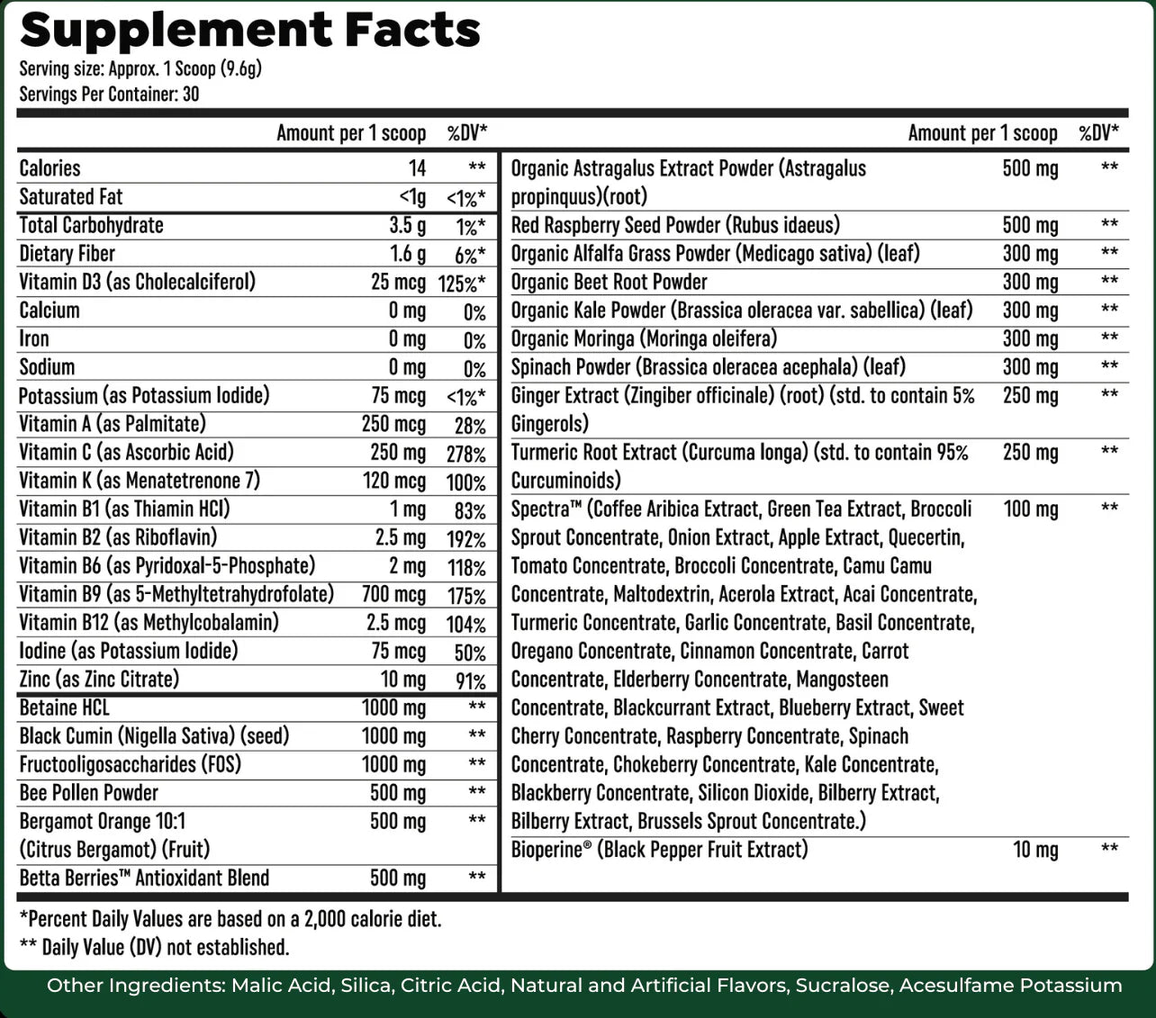 Supplement facts label with detailed nutritional information on a white background