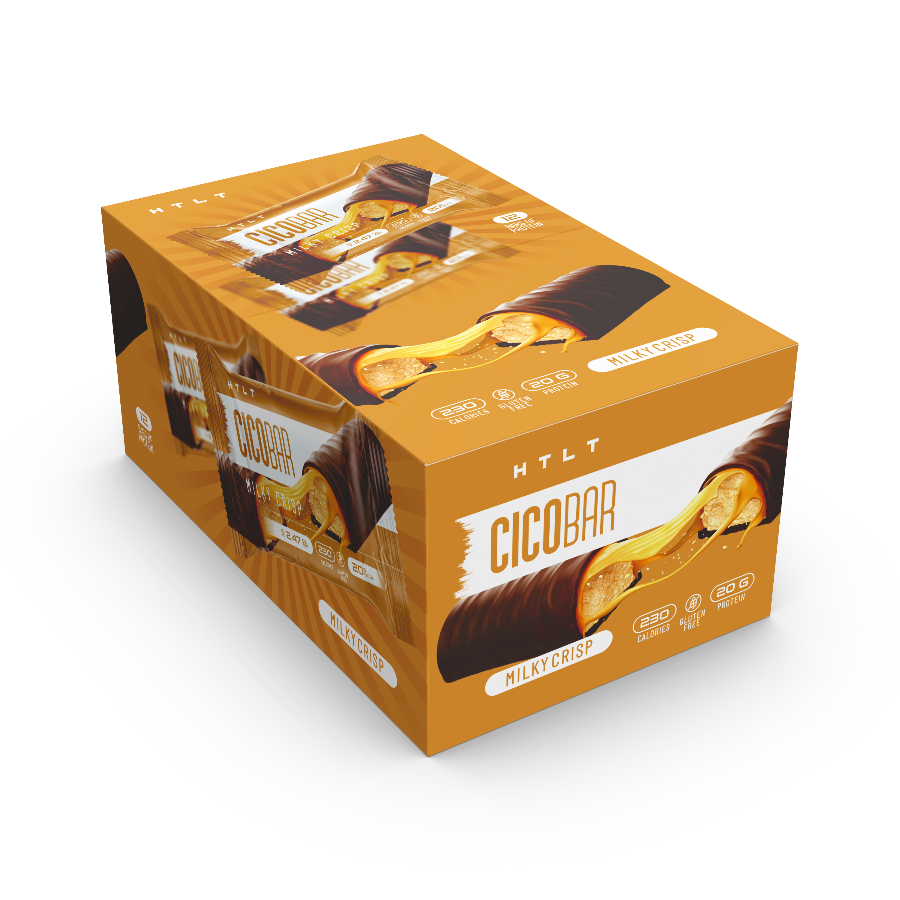 Box of CicoBar Milky Crisp chocolate bars on a white background