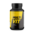 Black and yellow supplement bottle labeled 'Multi Vit' on a white background