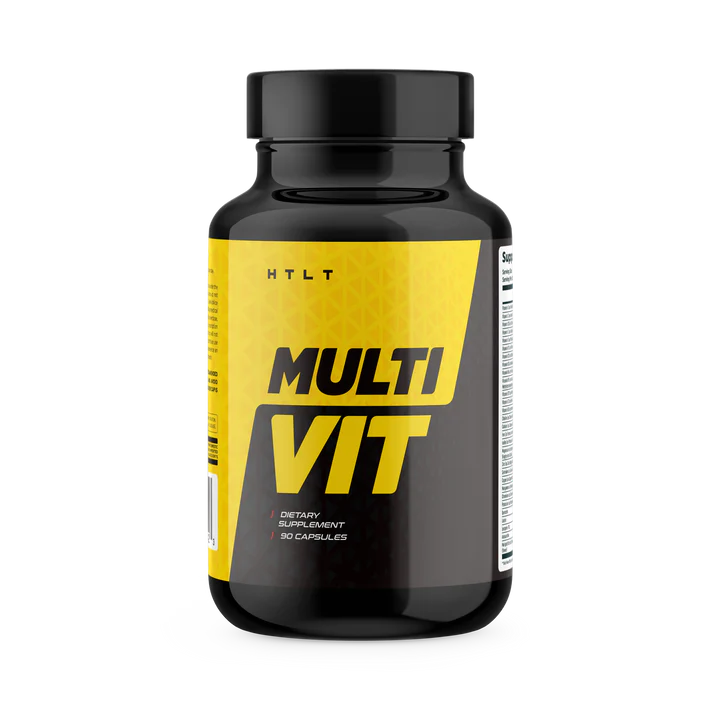 Black and yellow supplement bottle labeled 'Multi Vit' on a white background