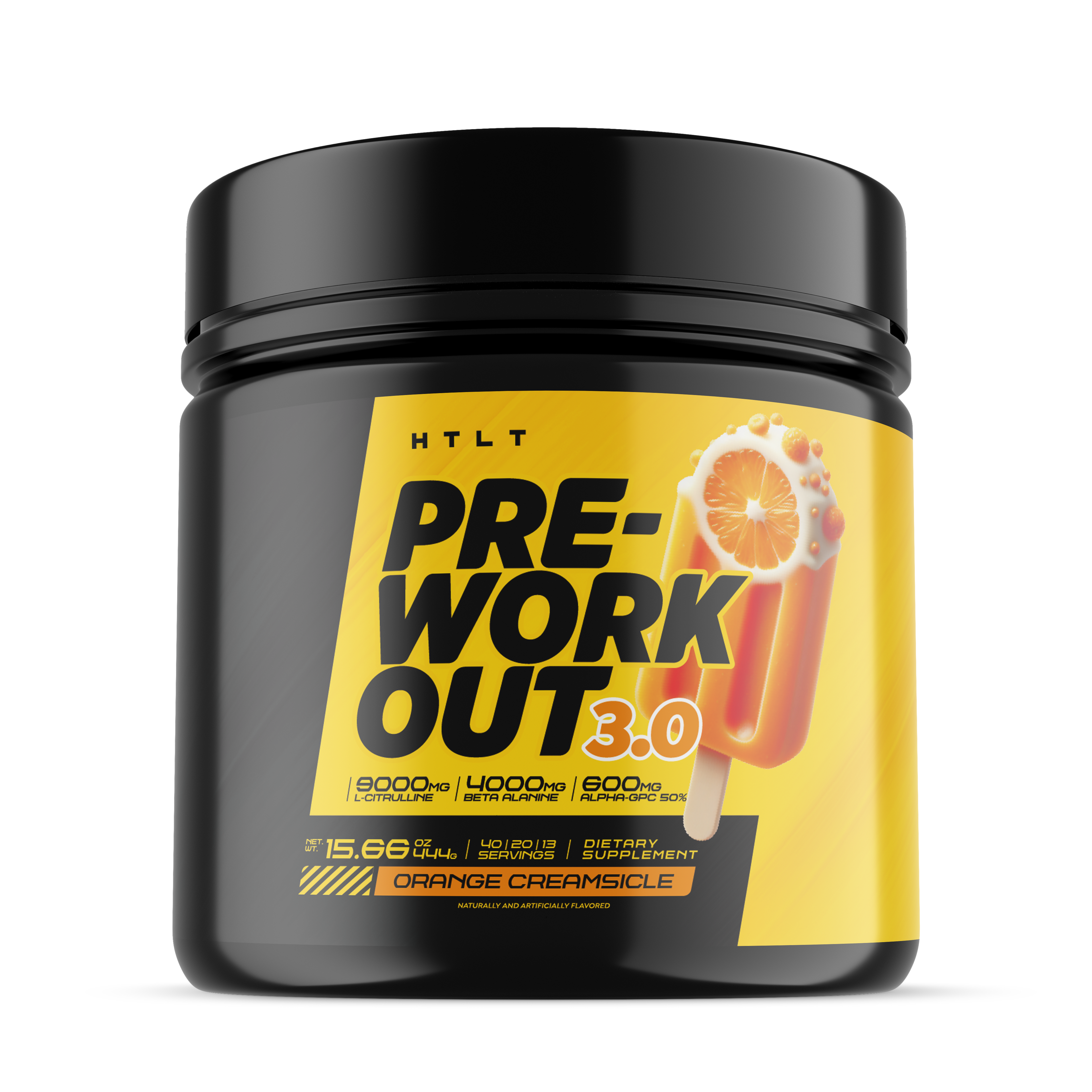 Pre-workout supplement container with orange creamsicle flavor on a white background