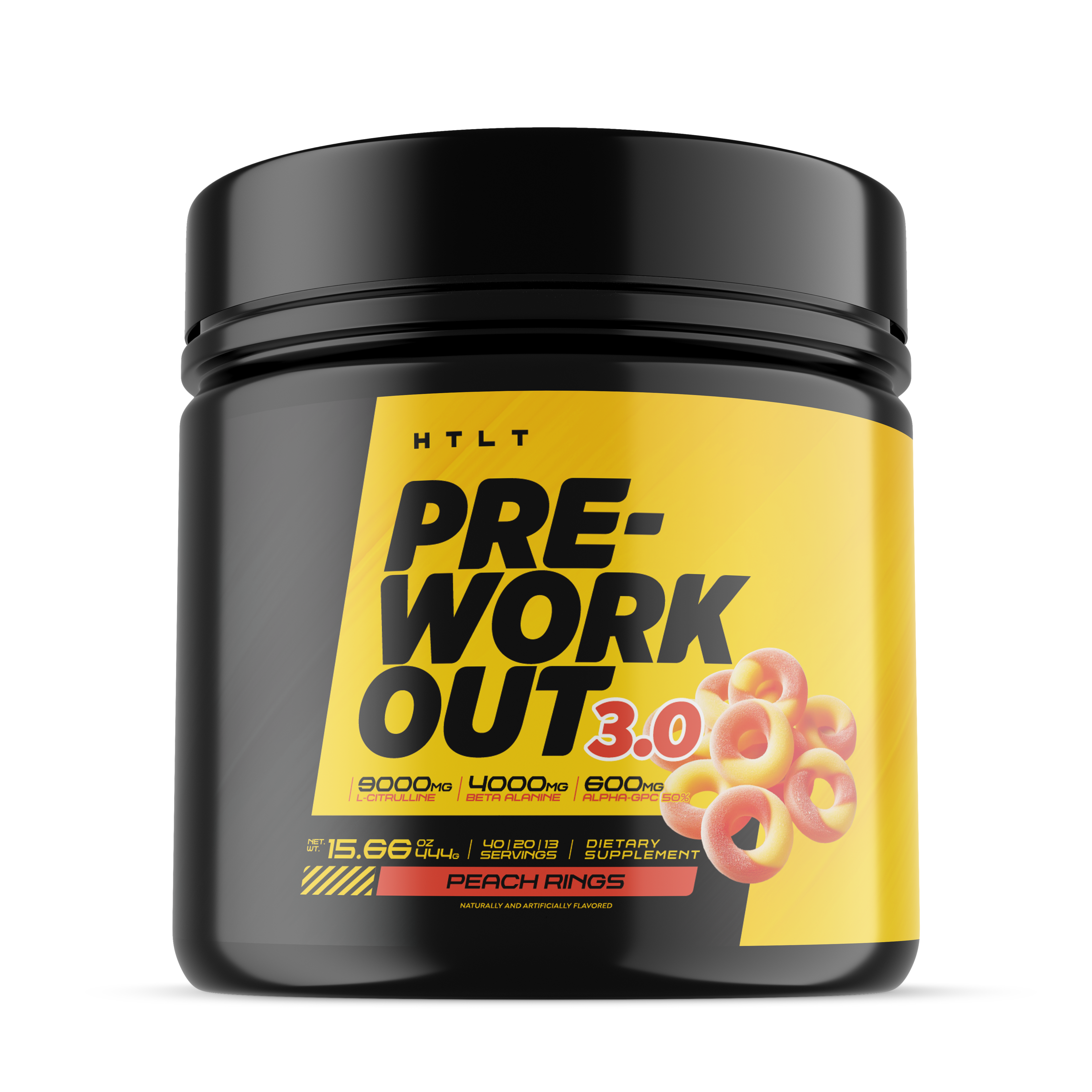 Pre-workout supplement container with yellow label and black lid on a white background