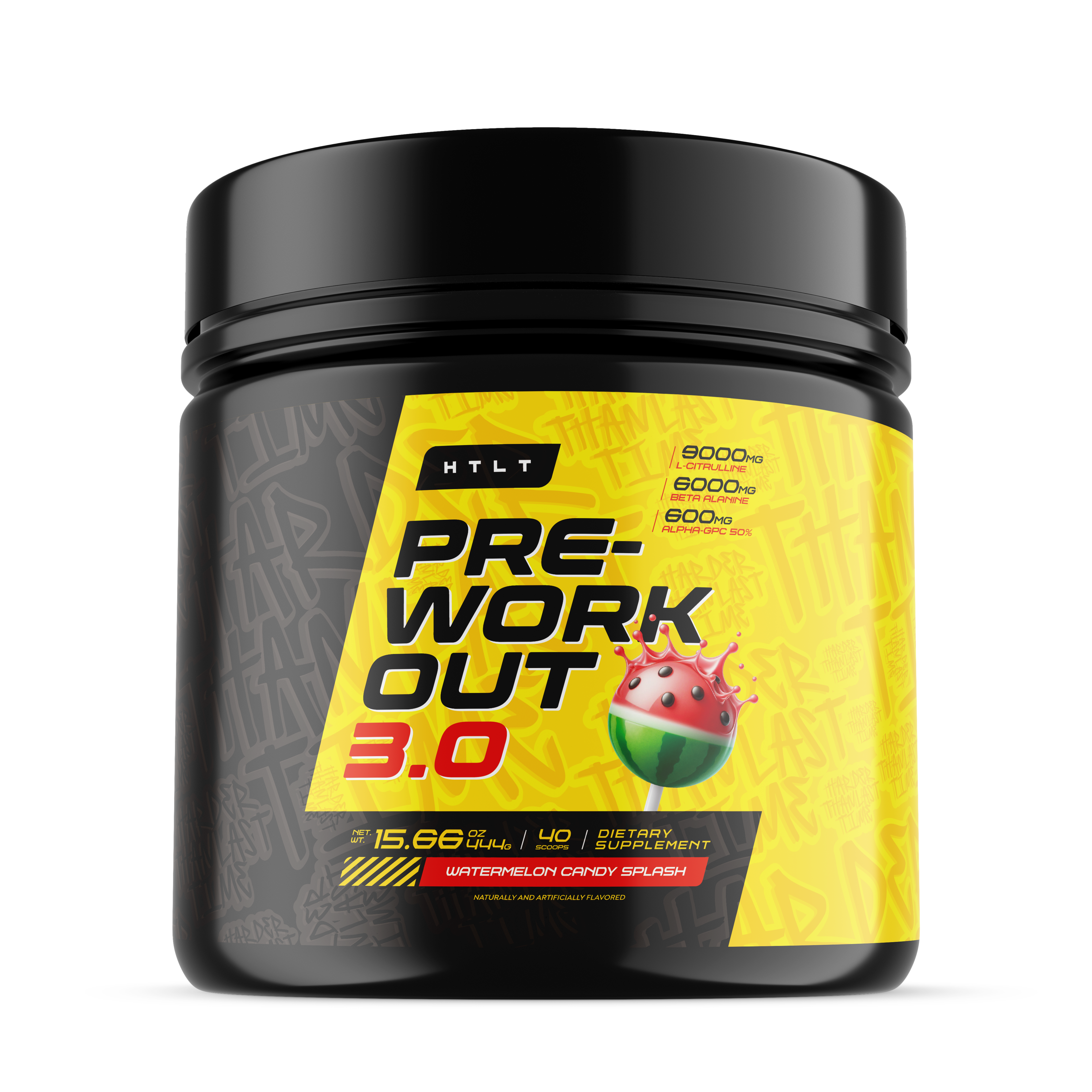 Pre-workout supplement container with yellow and black label on a white background