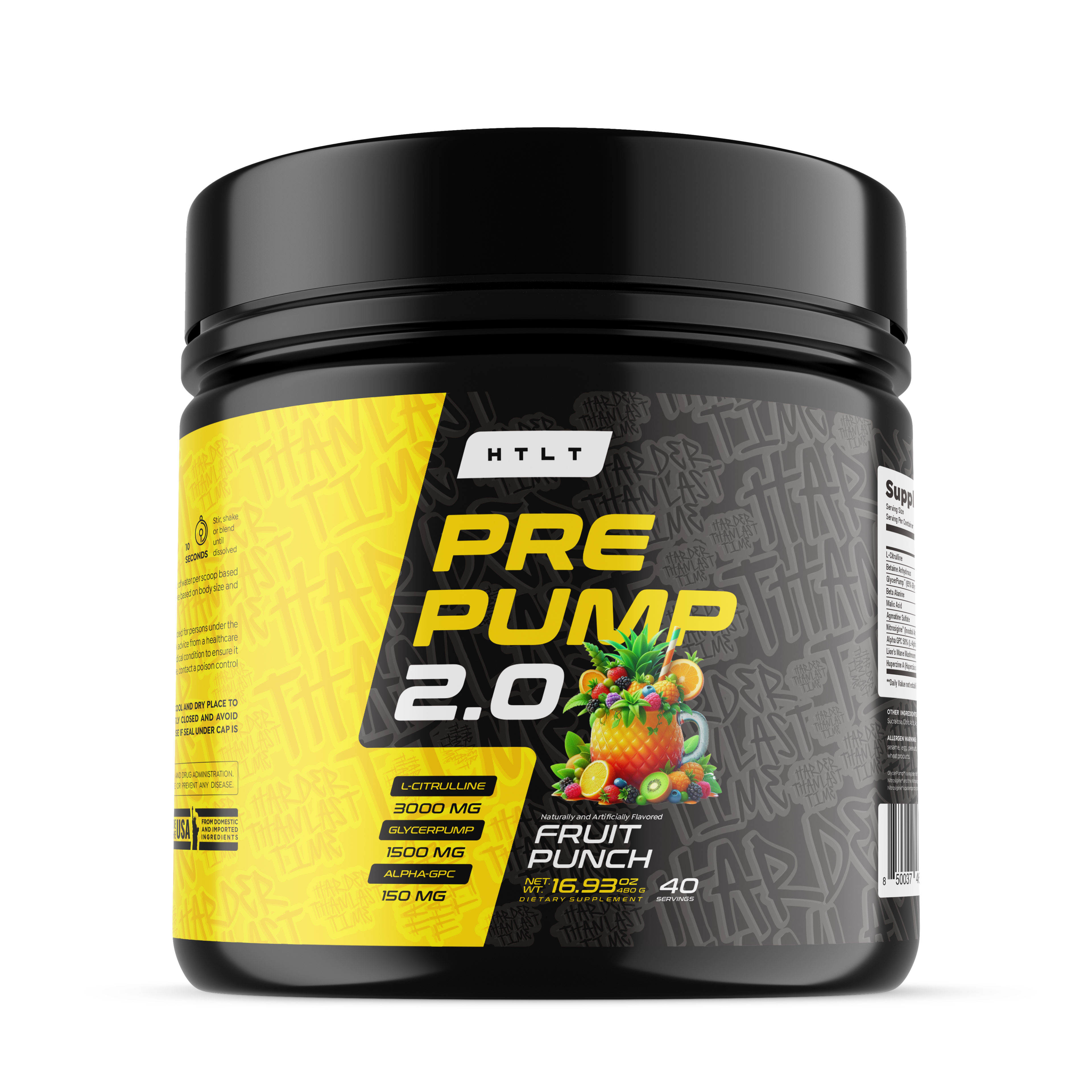Pre workout supplement container labeled 'PRE PUMP 2.0' with fruit punch flavor on a white background.