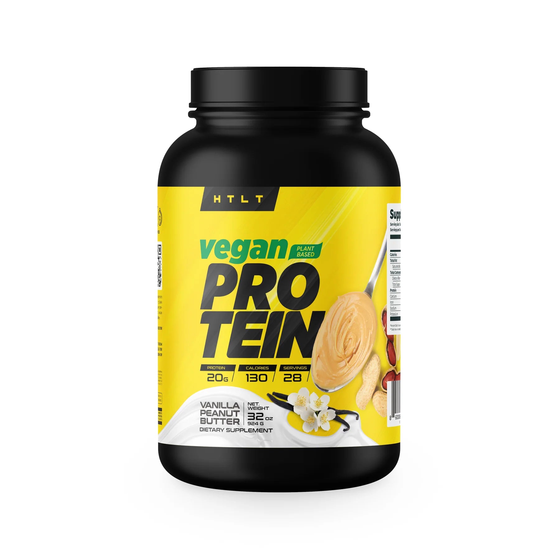 Vegan protein supplement bottle with yellow label on a white background