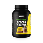 Black and yellow protein supplement container with 'Vegan Protein' text on a white background