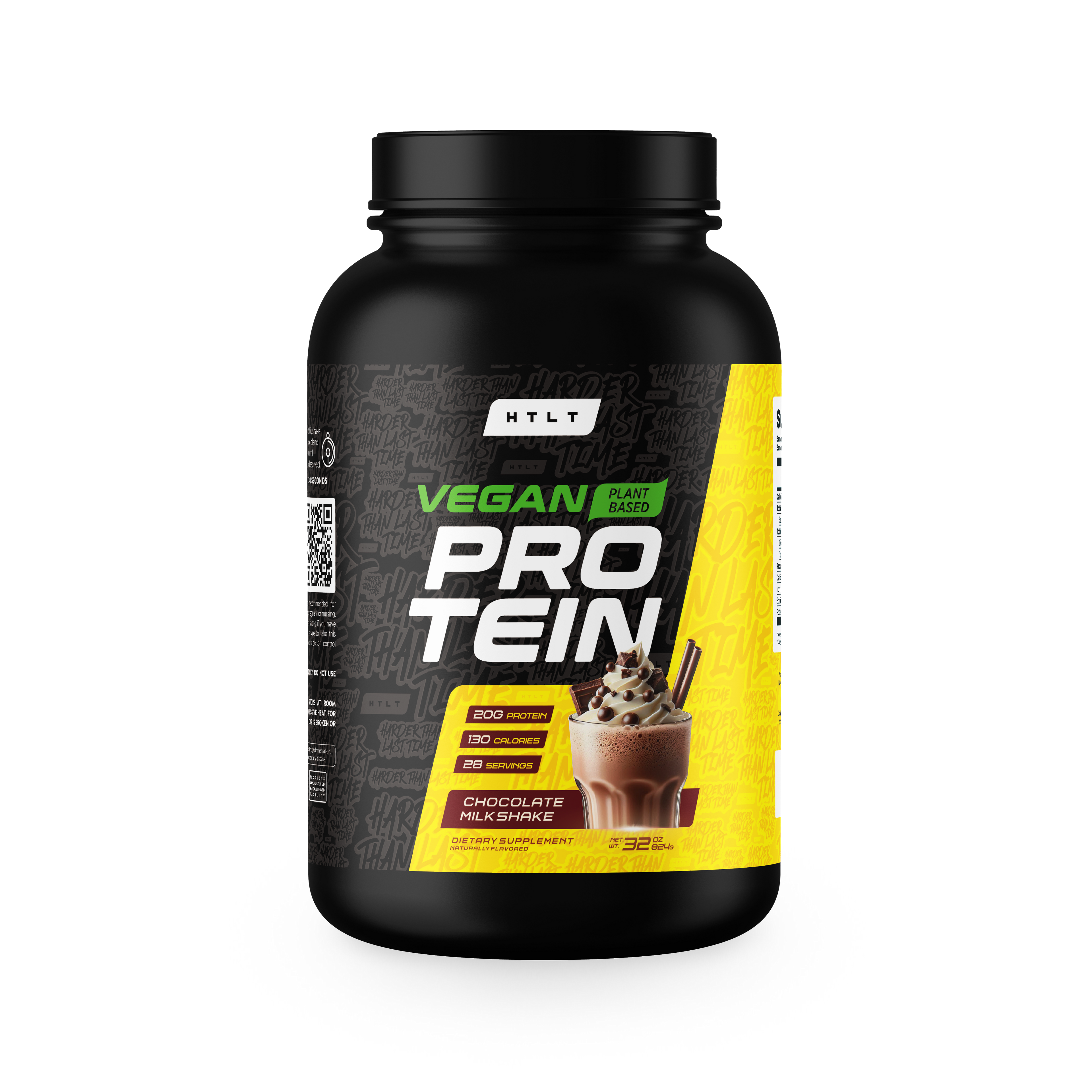 Black and yellow protein supplement container with 'Vegan Protein' text on a white background