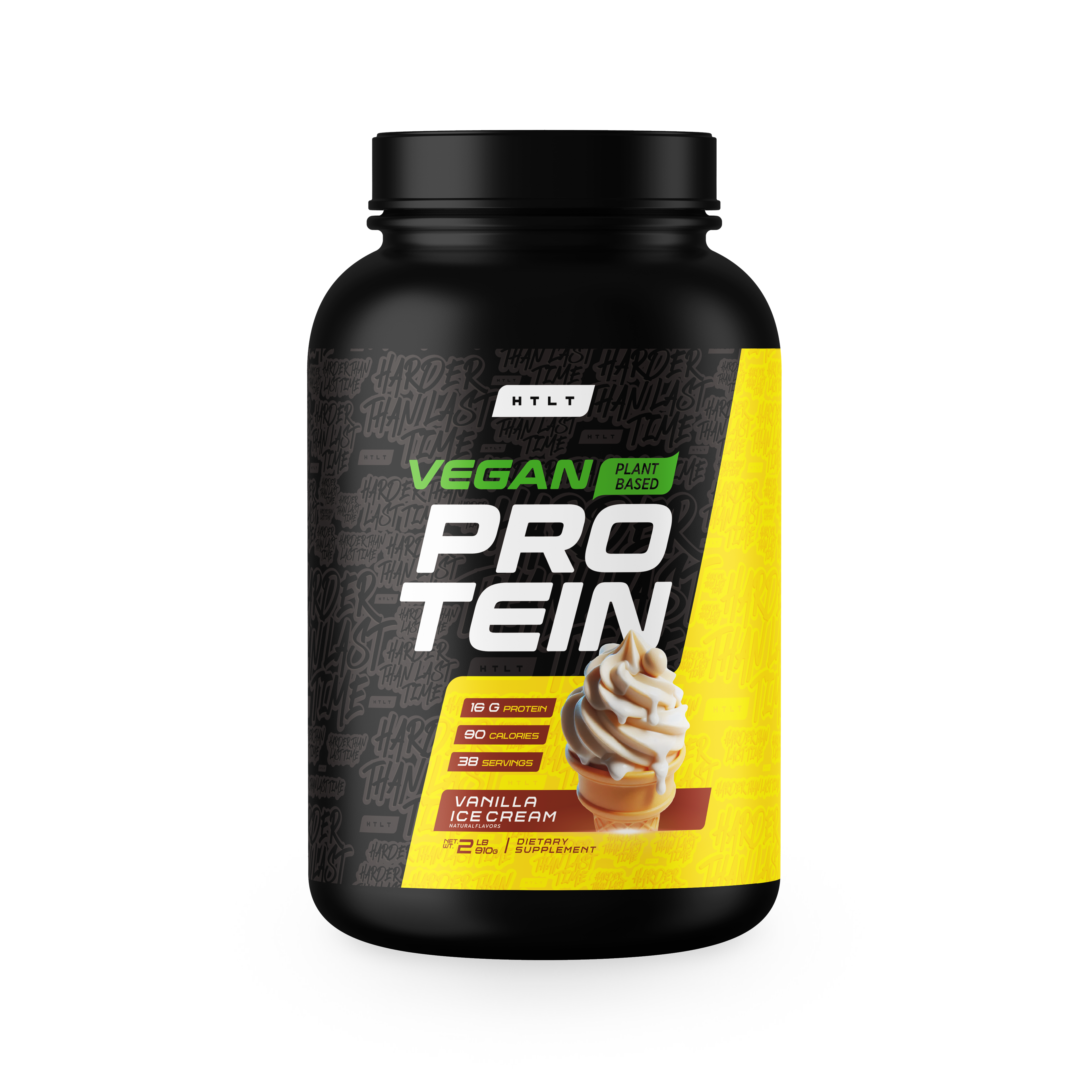 Black and yellow protein supplement container with vanilla ice cream flavor on a white background