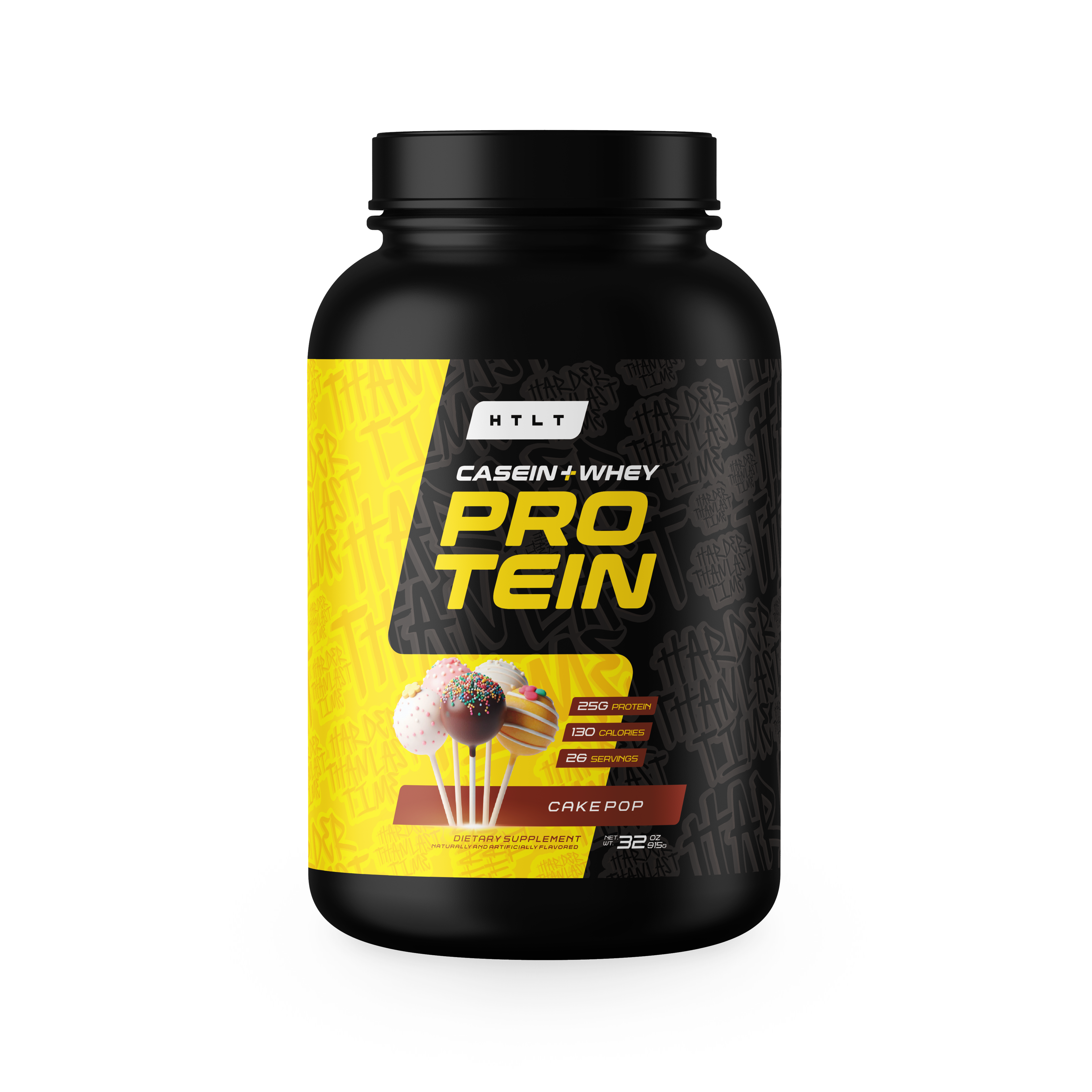 Black protein supplement container with yellow label on a white background