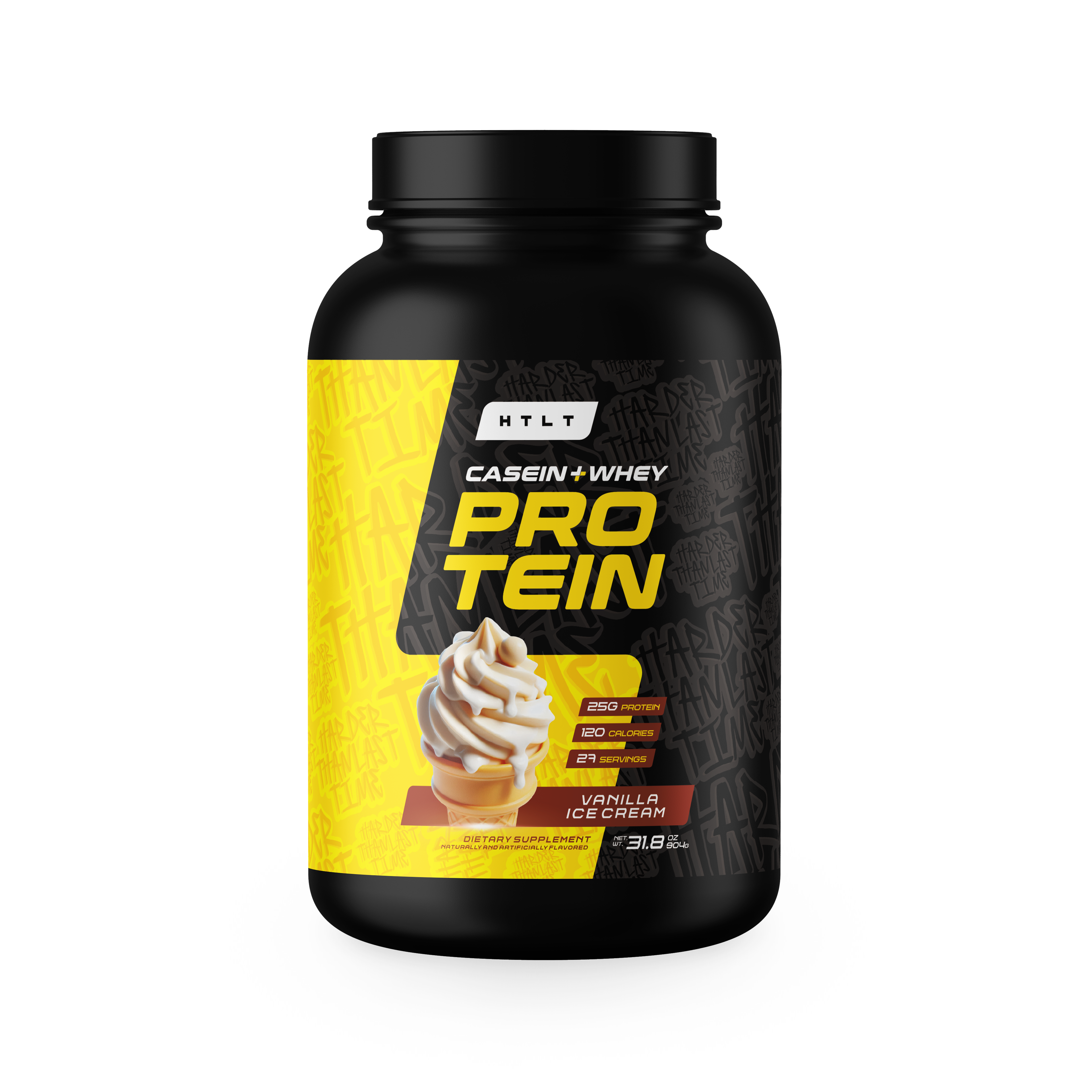 Black protein supplement container with yellow label on a white background