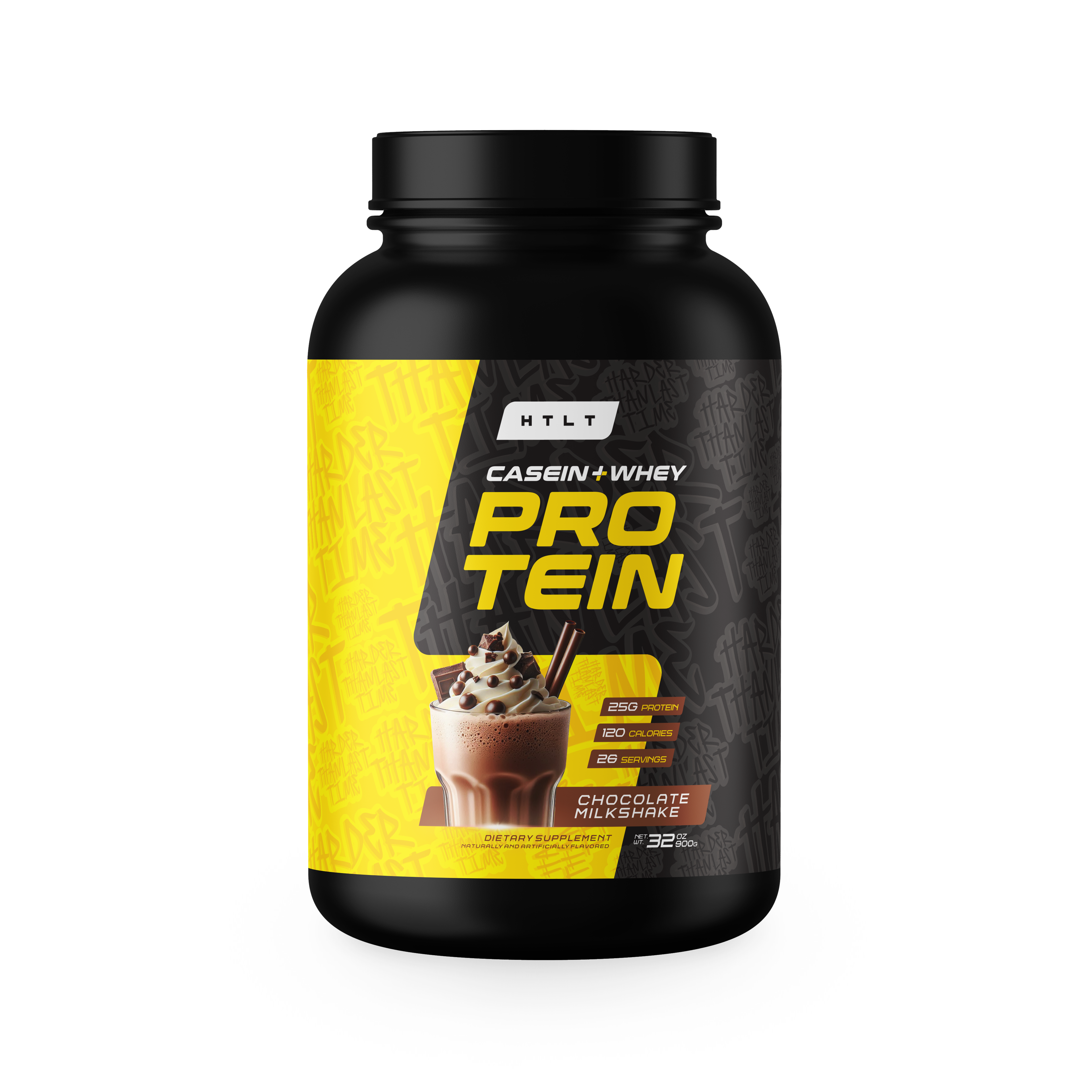 Protein powder container with black and yellow label on a white background