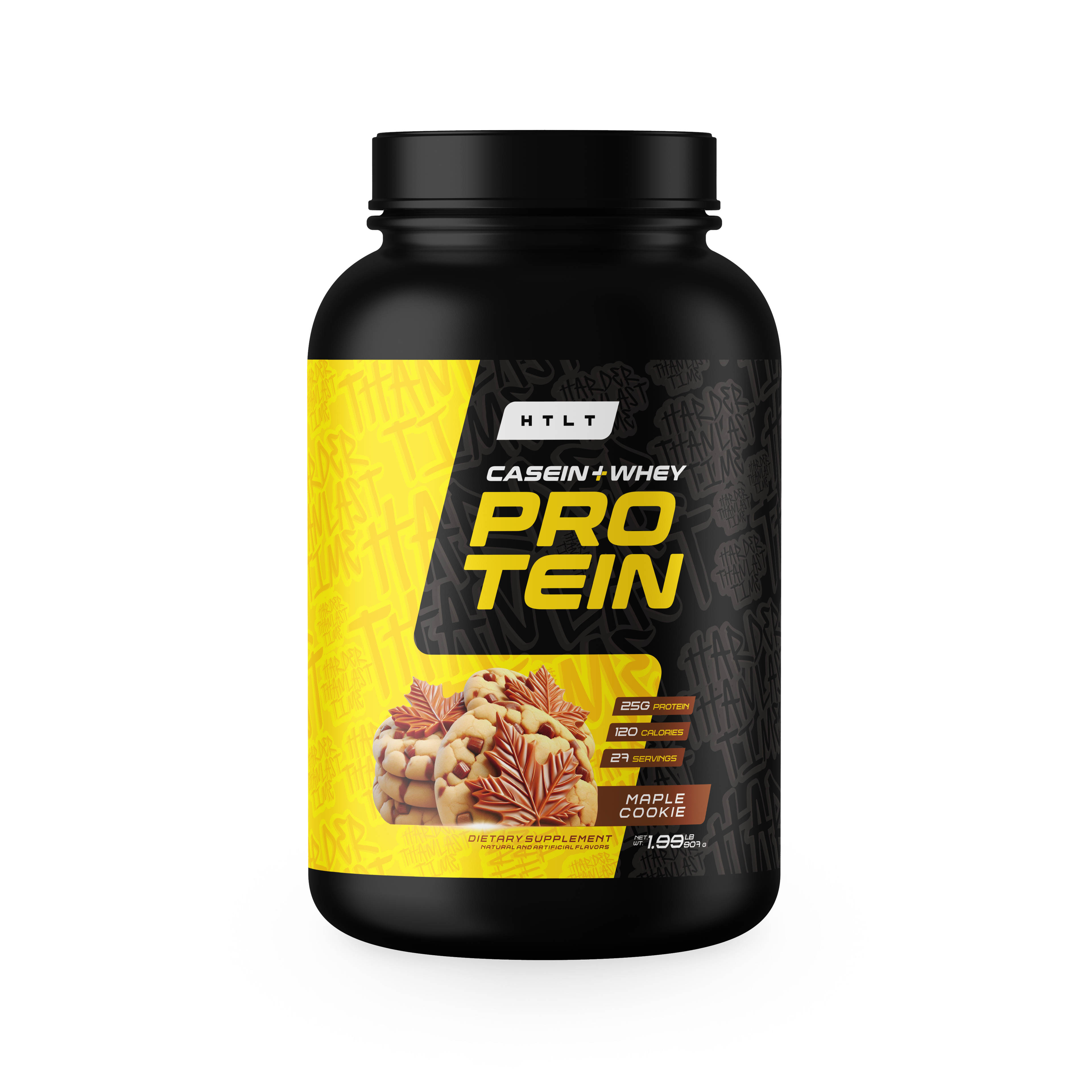 Black protein supplement container with yellow label on a white background