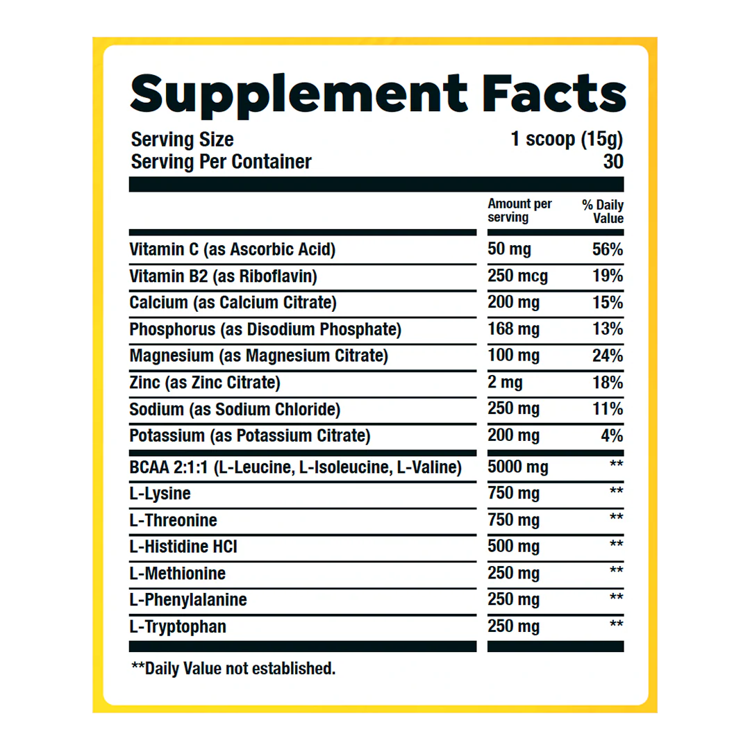 Supplement facts label with detailed nutritional information on a white background